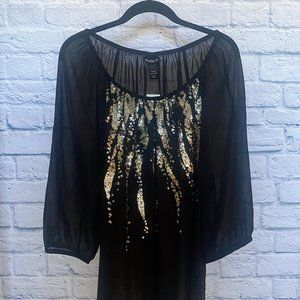 Lane Bryant Sheer Black 3/4 Sleeve Top w/ Dripping Sequined Design on front NWT